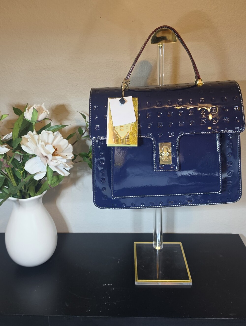 NWT Bellissimo Italy Handcrafted Navy Blue Patent Leather Satchel Crossbody Bag